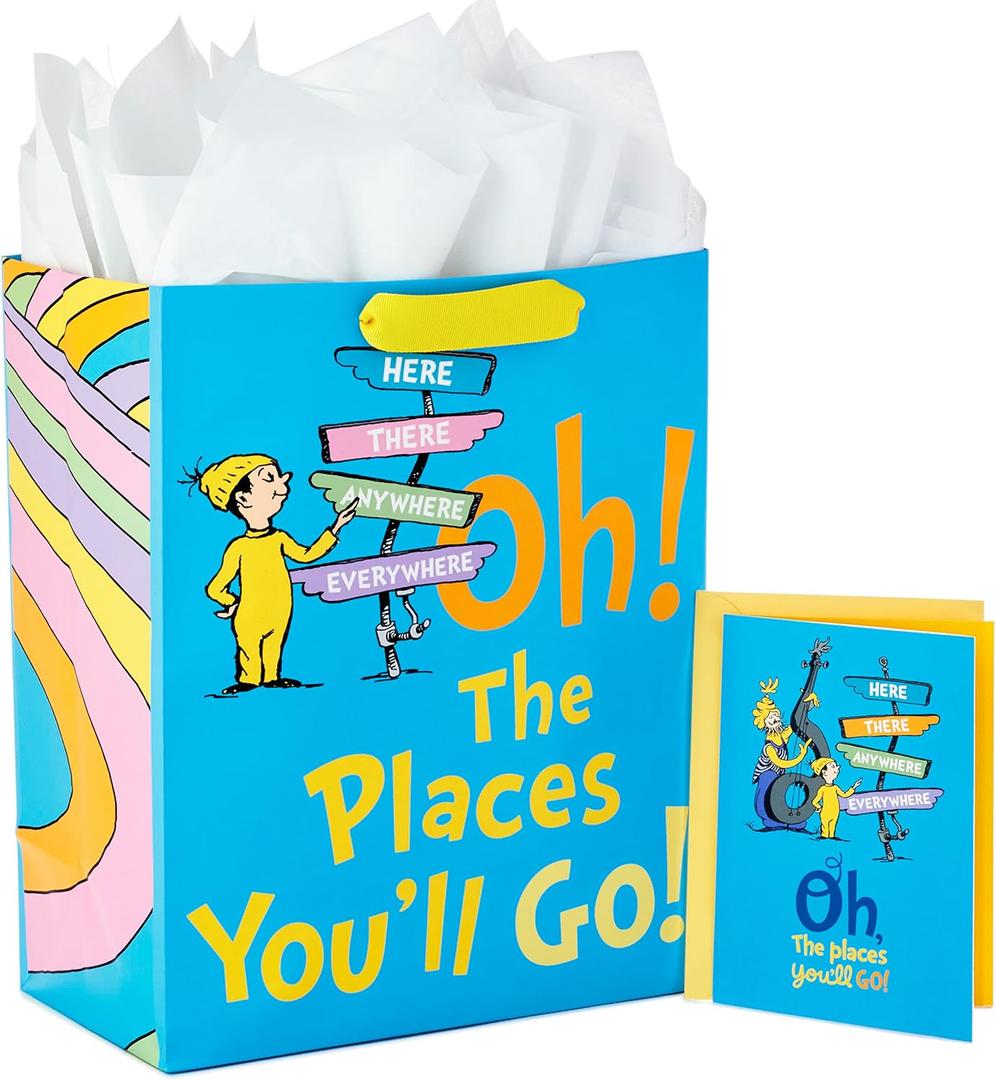 Hallmark 13" Large Dr. Seuss Graduation Gift Bag with Tissue Paper and Graduation Card (Oh, the Places You'll Go!) for High School, Kindergarten, College, Nursing School Grads (Blue)