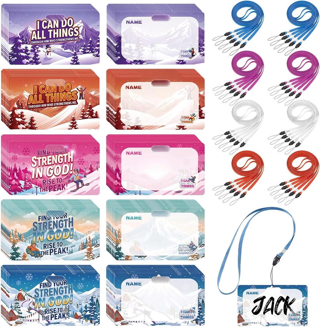 Ctosree 50 Set Snow Mountain Theme Name Tags Vbs 2026 Name Tags with Lanyards Christian Bible Names Badges Religious Theme Label with Activity Rope for Vacation Bible Church Summer Camp Supplies