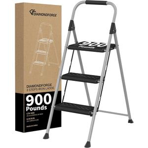 DIAMONDFORGE 3-Step Ladder Folding Step Stool with Anti-Slip Wide Pedal & Soft Handle, Heavy Duty Steel Construction, 900 lbs Capacity for Home & Office, Grey