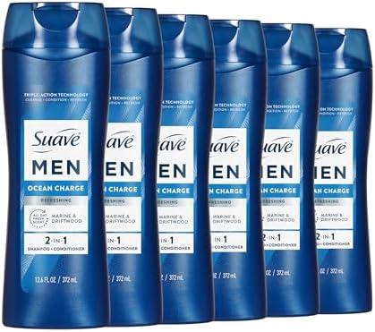 Suave Men Ocean Charge 2 in 1 Refreshing Shampoo & Conditioner with Pro Vitamin B5, Hydrates & Revitalizes Hair, Ocean Fresh Scent, 6 Count, 12.6 FL OZ