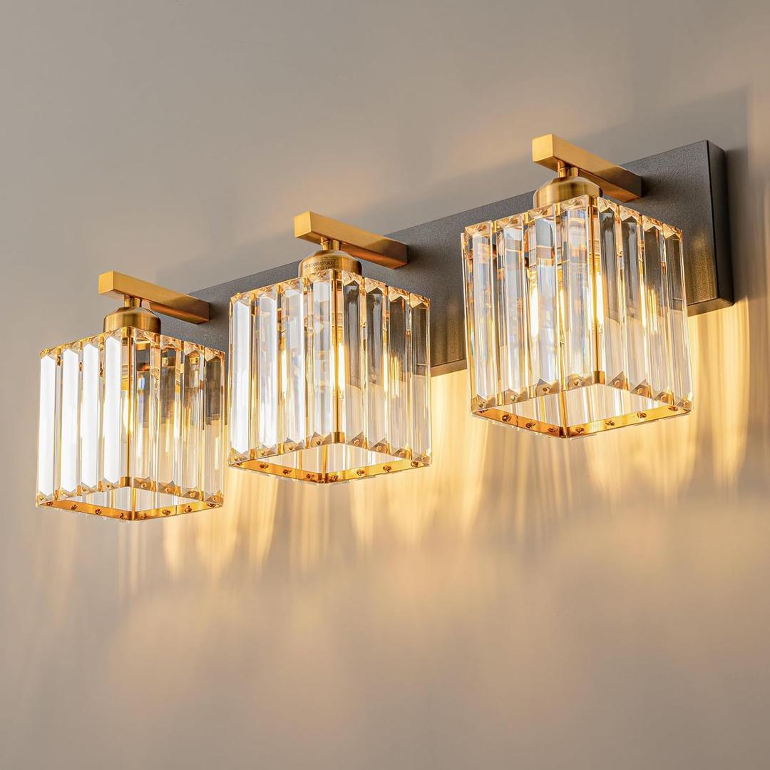 Modern Bathroom Vanity Light 3-Lights Black Gold Crystal Bathroom Wall Light Vanity Light Fixtures20.47-inch Modern Minimalist Design