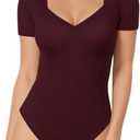 MANGOPOP Sweetheart V Neck Bodysuits for Women Long Short Sleeve Body Suits Tops Shirt, L