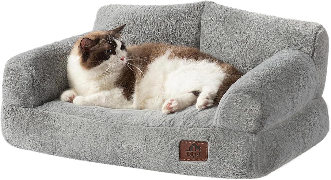 Hollypet Fluffy Dog Cat Bed Pet Couch Beds Plush Soft Warming Washable Puppy Bed for Small Medium Dogs and Large Cats, Silver Gray, 24" L x 18" W x 10" Th