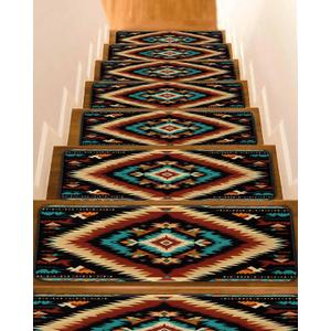 Colorful Boho Aztec Stair Treads for Wooden Steps Indoor Runner Rug Carpet, Rustic Southwestern American Art, 15 Pieces Peel and Stick Staircase Step Treads Covers Washable Throw Door Mats, 30"x8"