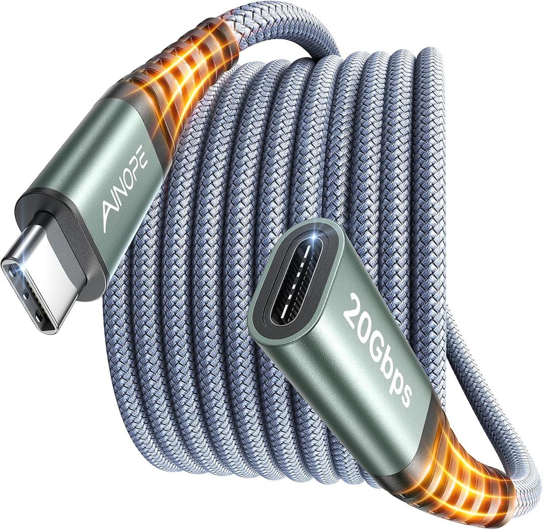 AINOPE USB C Extension Cable 6.6FT, 20Gbps/240W USB3.2 Type C Extender Cord, 4K@60Hz Video Output Nylon Braided USB C Female Extension Cable for PSVR2/Hub/iPhone 16/MacBook/iPad/Magsafe Charger, Grey