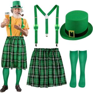 Pasimy St Patrick's Day Costumes Kit Include Adult Irish Plaid Green Kilt Suspenders with Cups Hat Sock for Men Women