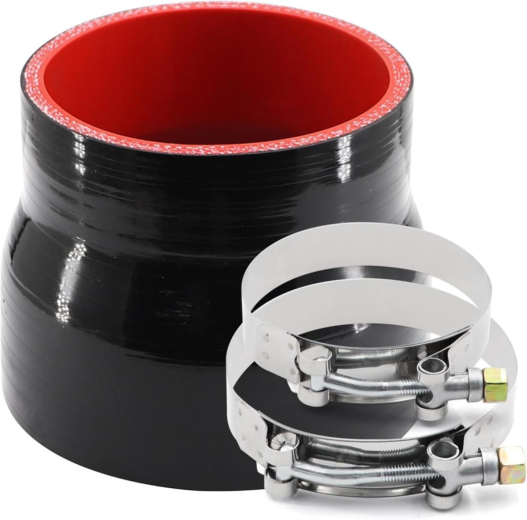 ID 3 to 3-1/2 inches Straight Black Silicone Reducer Coupler with 2 T-Bolt Clamps 4 Layers of Polyester Reinforcement Suitable High Level Turbo Pipe