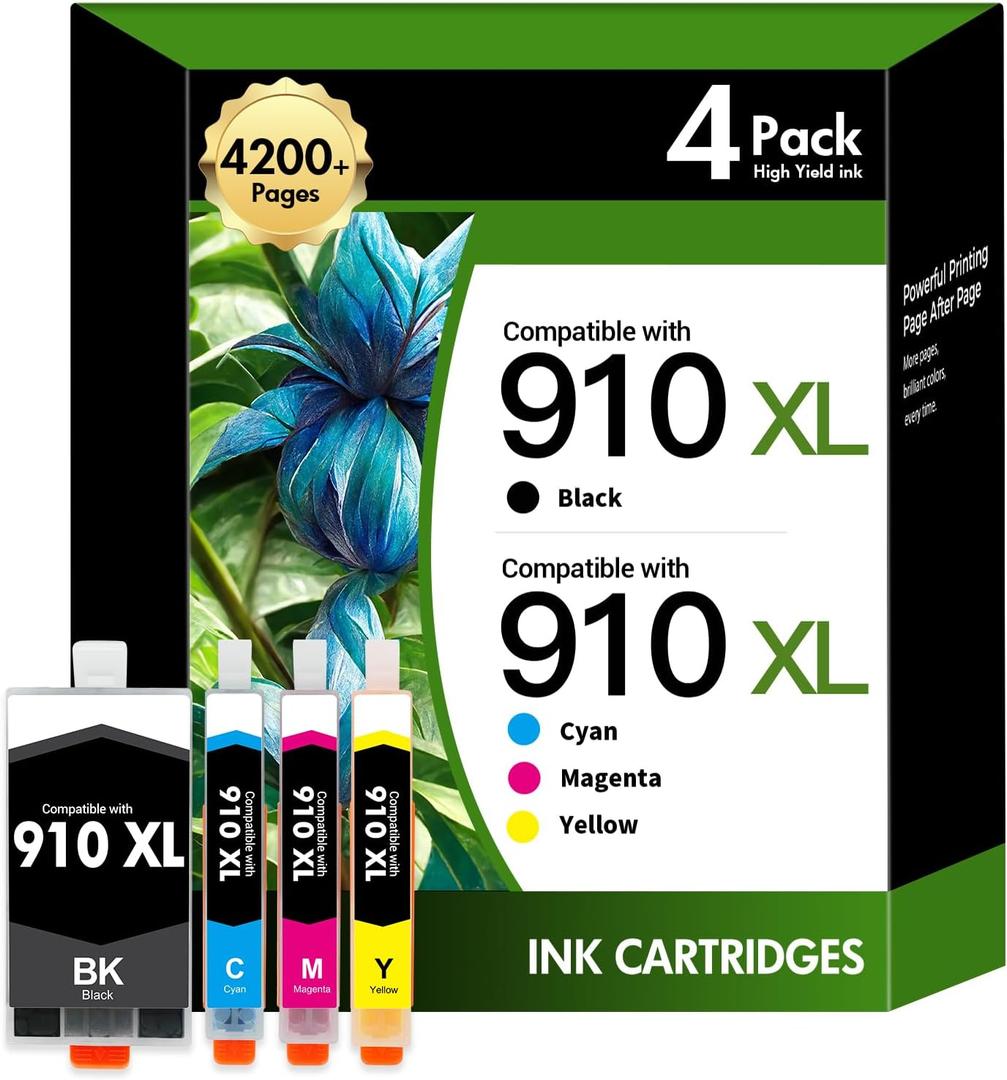 910 910XL 8020 Ink Cartridges Black and Color Combo Pack for HP Printers | Compatible for HP910XL Ink Cartridges for Printer Office Jet Pro 8010 8025 8030 8035 8028 8022 8018 Series (4 Pack Multipack)