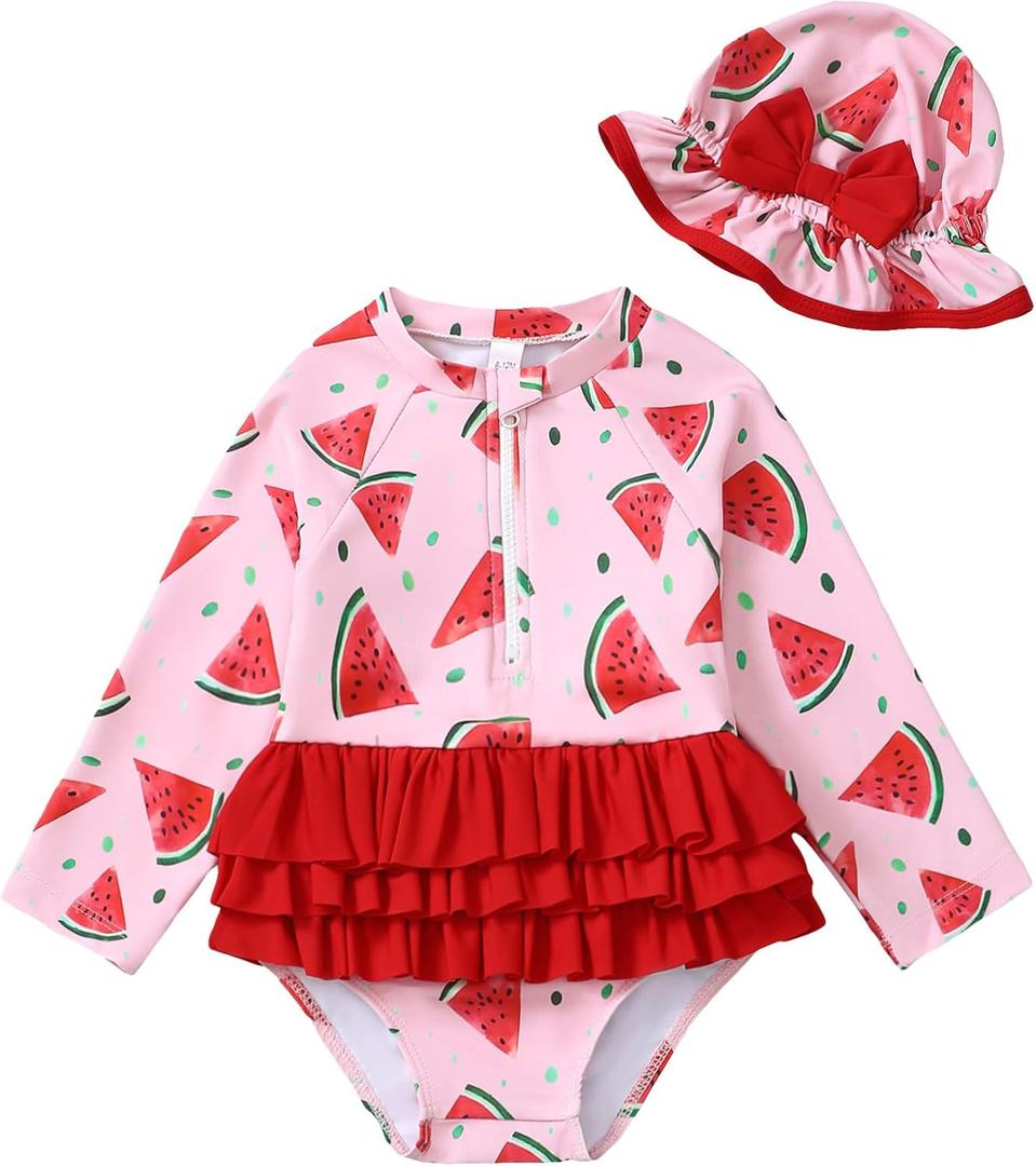 Newborn Baby Girl Swimsuit Toddler Bathing Suit One Piece Ruffle Short Sleeve Baby Swim Suit Infant Swimwear (12-18 Months, Watermelon Red)