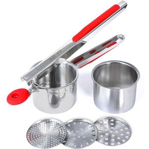 Rorence Stainless Steel Potato Ricer: 15 Oz Potato Masher with 3 Interchangeable Discs & Inner Cup & Silicone Grip Handles - Red