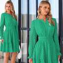 PRETTYGARDEN Women's 2025 Long Sleeve Mini Dress Eyelet V Neck A Line Casual Elegant Holiday Wedding Guest Party Dresses (Green,Large)