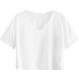 SweatyRocks Women's Casual V Neck Short Sleeve Soild Basic Crop Top T-Shirt (Large)