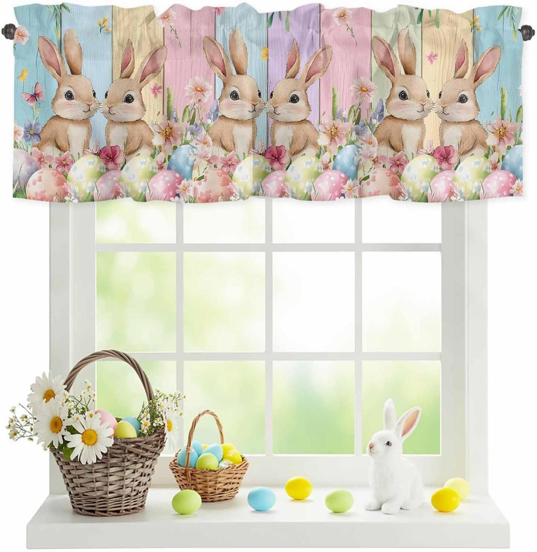 Easter Valances Curtain Bunny Spring Floral Kitchen Curtains Easter Eggs Colorful Wood Window Valance Topper Curtain Window Treatment for Spring Holiday Living Room Bedroom Decor, 1 Panel 54x18 Inch