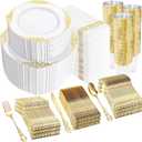 YOUBET 700PCS Gold Plastic Dinnerware Set - White and Gold Disposable Plates for 100 Guest - 200 Disposable Plates, 300 Heavy Duty Plastic Silverware, 100 Cups,100 Napkins for Wedding