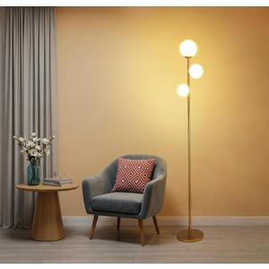 Fiqevs 3 Globe Floor Lamp Mid Century Modern, Gold Standing Lamp with Frosted Glass Shade & LED Bulbs, Tall Pole Light with Foot Switch for Living Room Bedroom Office - Antique Brass