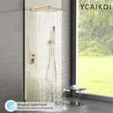 Shower Faucet Set Complete, Wall Mount Shower System for Bathroom 12 Inch High-Pressure Rainfall Shower with Handheld, Rough-in Valve Body and Trim Kit, Brushed Gold