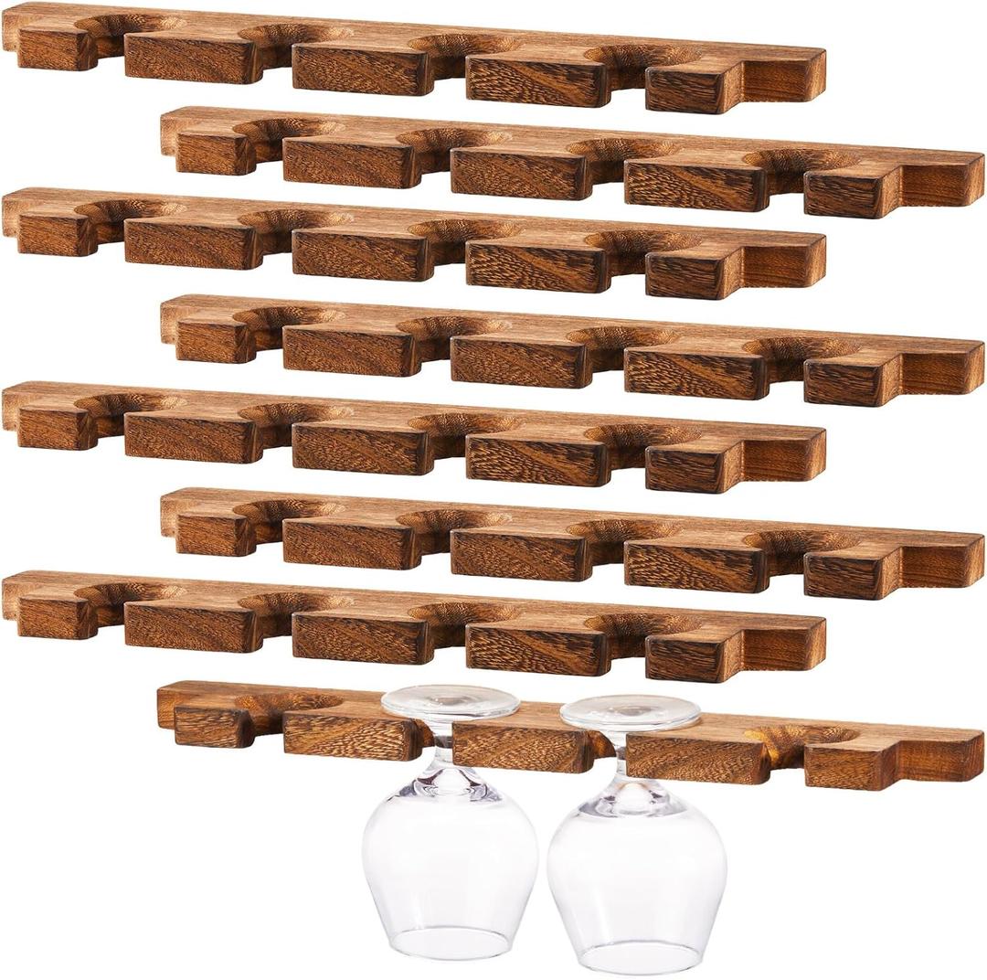Ripeng 8 Pcs Wall Mounted Wood Stemware Rack Champagne Holder Rustic Wine Glass Hanging Shelf Wood Floating Glassware Wall Holder for Party Kitchen Bar Organizer 17 x 3 x 0. 8 Inch (Dark Brown)