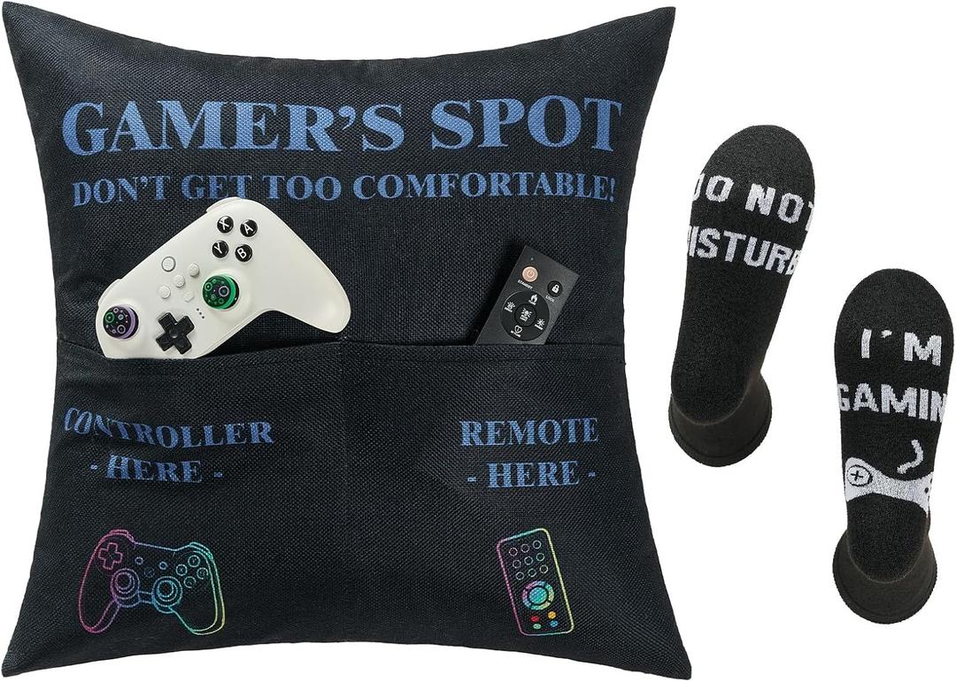 FUTEI Children Gifts,Gamer'Spot Throw Pillow Covers 18x18 Inch Set of 1 Christmas Holiday Home Decor for Couch Bed Living Room (Comes with 1 Pack Standard Size Black Game Socks)