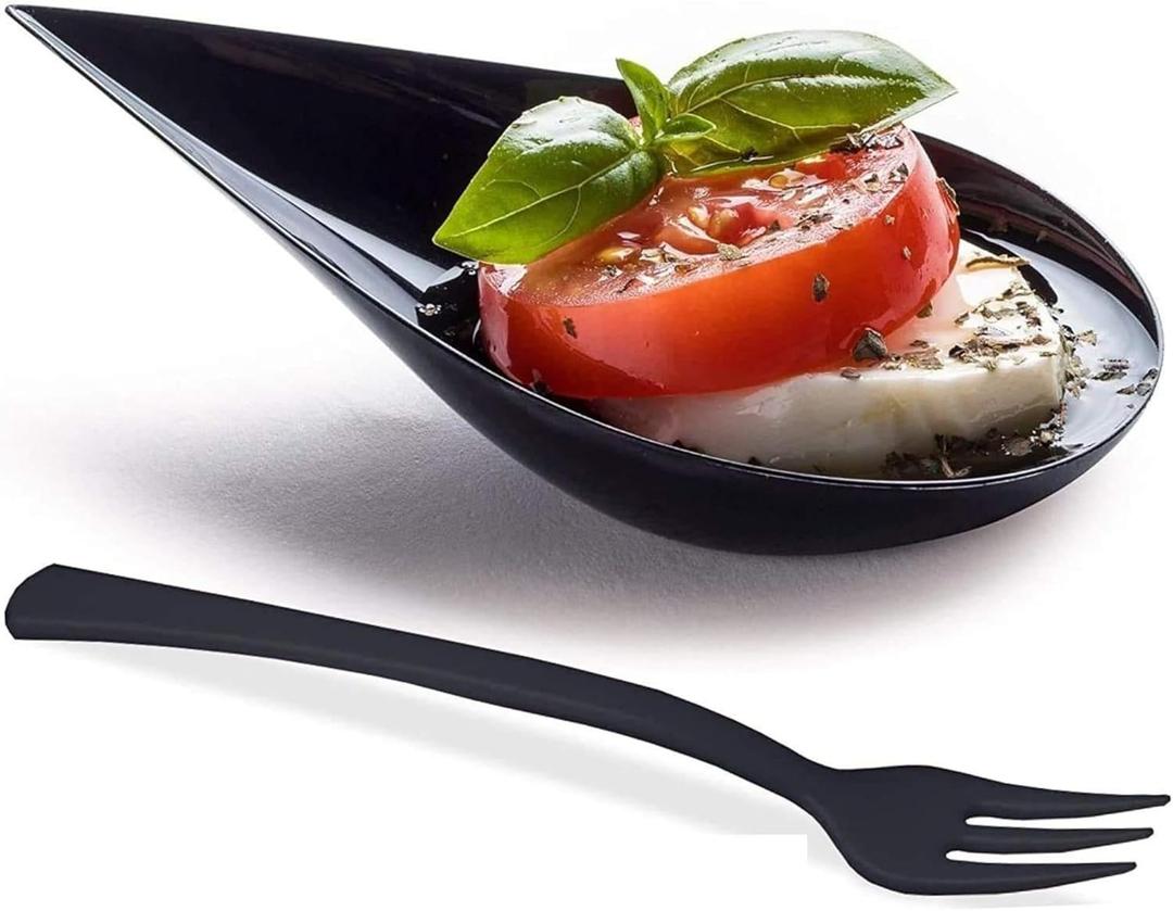 DLux 100 4-in Tear Drop Mini Appetizer Plates with Forks,Reusable Black Plastic Spoons - Desserts and Appetizers Dishes Serving Plate - Asian Spoon Set, Small Catering Dessert Tasting Cups