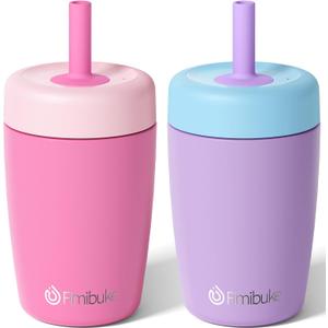 Fimibuke Kids & Toddler Cups Spill Proof, 12 OZ Insulated Sippy Cups for Toddlers Boys Girls, BPA-Free Toddler Straw Tumbler, Stainless Steel Kids Water Bottle with Twist Lids & Silicone Straw, 2 Pack (Pink & Purple)