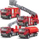 4 Packs Metal Fire Trucks Playsets, Mini Friction Powered Vehicle, Including Fire Engine, Ladder Truck, Die-cast Tank, Tow, Realistic Design for Toddlers Boys, Kids Aged 3+ Years Old