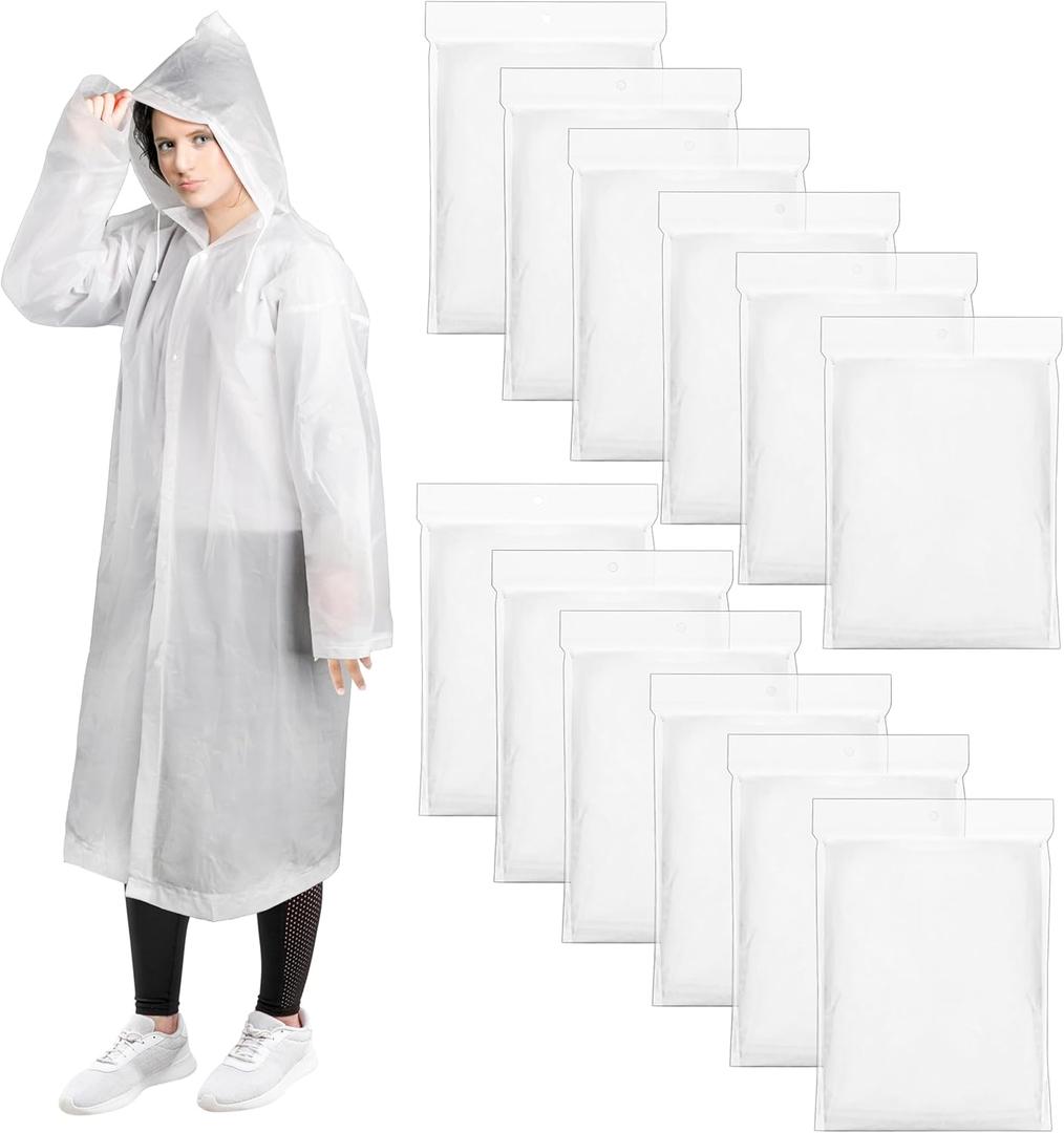 12 Pack Rain Ponchos for Adults, Reusable Raincoat with Drawstring Hood, Portable EVA Rain Jackets for Women Men, Waterproof Long Rain Cape, Emergency Poncho for Travel Camping Hiking Outdoor