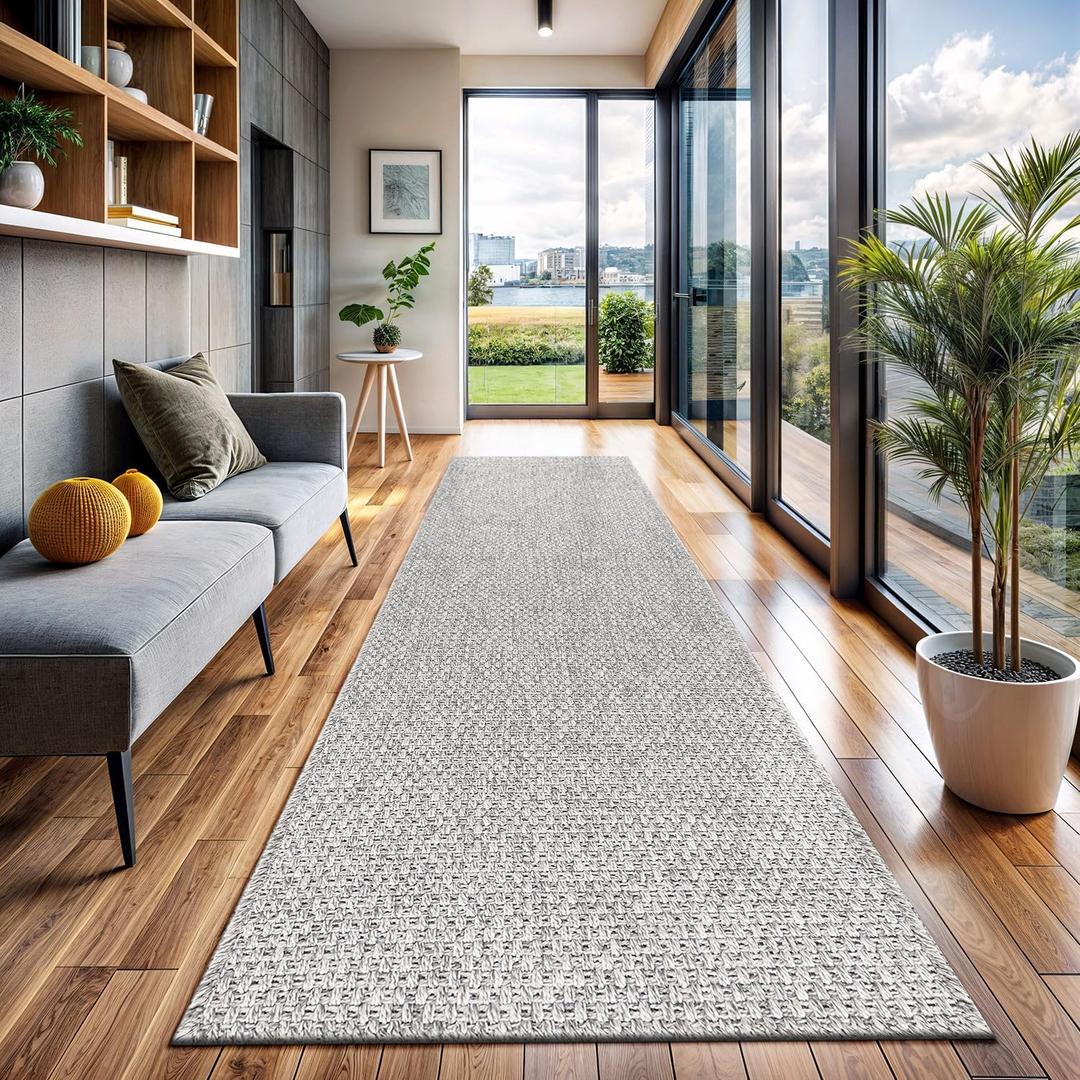 CAMILSON Indoor and Outdoor Runner Rug Gray Solid Boho Woven Design Easy-Cleaning Non Shedding Farmhouse Living Room Bedroom Garden Patio and Kitchen Washable Outside Carpet Alfombras (2'x7') (Basketweave/Silver)