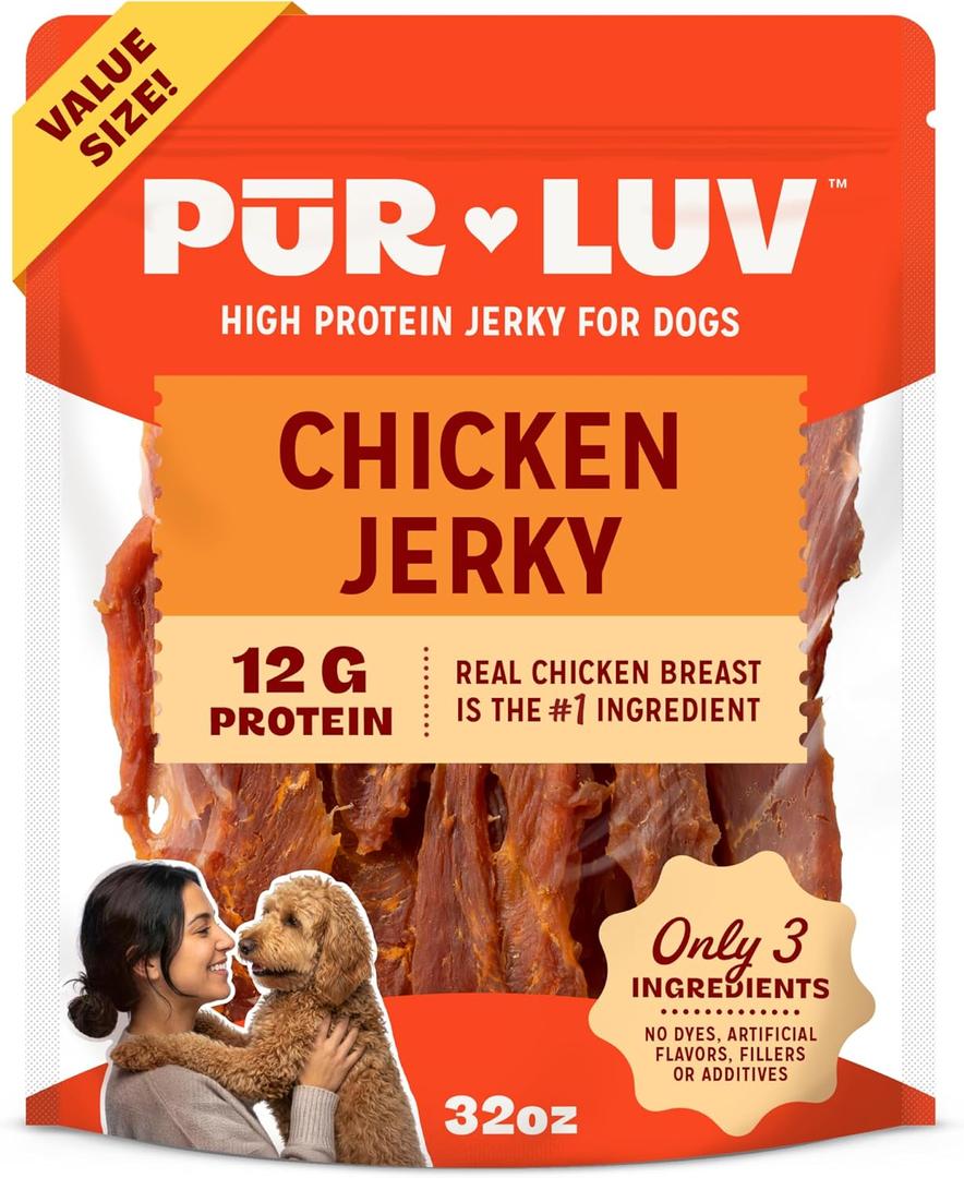 Pur Luv Chicken Jerky Dog Treats, Made with 100% Real Chicken Breast, 32 Ounces, Healthy, Easily Digestible, Long-Lasting, High Protein, Satisfies Dog's Urge to Chew (BBD 06/22/28)