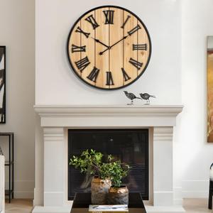 Large Wall Clock 20IN, Silent Metal Wood Style Wall Clocks Battery Operated for Living Room Decor, Farmhouse Big wall Clock, Outdoor