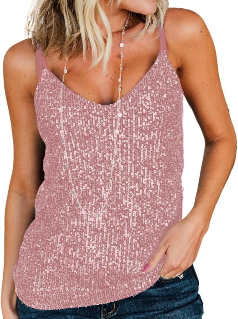 lime flare Women Sexy Sparkle Shimmer Cami Tank Tops Las Vegas Disco Sequin Camisole (Pink, Medium)