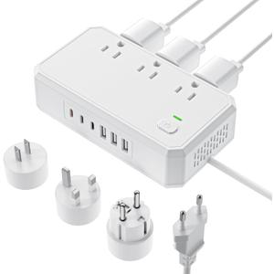 PD 20W Voltage Converter US to Europe, 250W Step Down 220v to 110v Voltage Converter, 6 AC Output, 6 USB Ports with UK/US/EU Plug Adapter, White