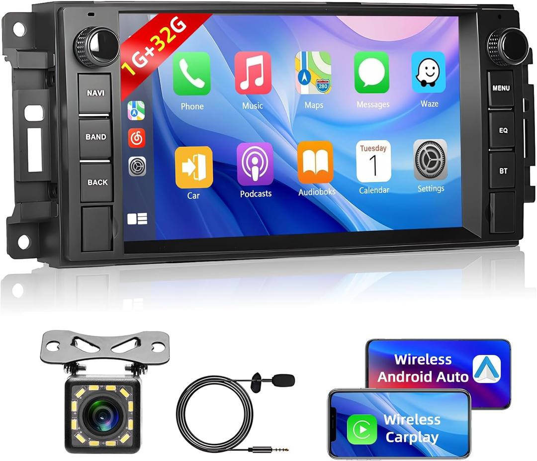 Podofo 7" Touchscreen Car Stereo for Jeep Wrangler JK Dodge Ram Chevrolet Chrysler with Wireless Apple CarPlay Android Auto, Backup Camera, GPS Navigation, Mirror Link, WiFi, FM RDS, Bluetooth