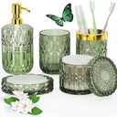 QIQU Green Glass Bathroom Accessories Set 5 Pcs, Green Bathroom Set, Soap Dispenser and Toothbrush Holder Set, Qtip Holder Set, Vintage Bathroom Sink Set, Cute Bathroom Decor