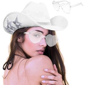 Cowboy Hats with 6 Sequins Stars & Tiara Belt for Women Rodeo Party Hats with Heart Shaped Sunglasses (White)