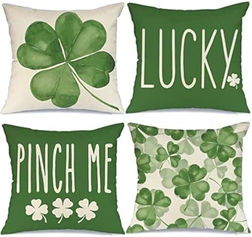 GEEORY St Patricks Day Pillow Covers 18x18 Set of 4 St Patricks Day Decorations for Home Shamrock Lucky Decorative Throw Pillows Farmhouse St Patricks Day Decor (Green)