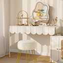 IBUYKE Velvet Round Footrest Stool Ottoman, Makeup Vanity Stool Side Table, Velvet Dressing Table Seat, Pouf Couch Stool, Golden Steel Legs, Creamy-White LG-30M