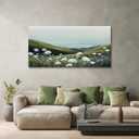 SLYCAY Large Neutral Coastal Landscape Wall Art for Living Room, White Flowers Meadow Green Seascape Oil Paintings, Nature Rustic House Decorations Bathroom Bedroom Office Artwork Pictures 24"X48"