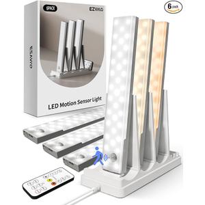 EZVALO 6 Pack Led Under Cabinet Lighting Wireless with Charging Station, 7’’Rechargeable Motion Sensor Light Indoor, 3 Color Dimmable Motion Activated Cabinet Lights for Kitchen Bookshelf, Stair