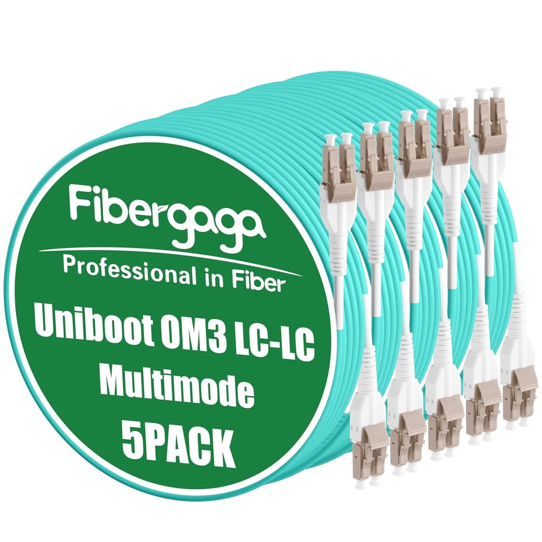 Fibergaga-5Pack Uniboot OM3 LC to LC Fiber Patch Cable, Multi-Mode Duplex Fiber Optic Cable Jumper Optical Patch Cord 10GB, 50/125μm,LSZH Jacket,OD-3.0mm,1M(3ft)