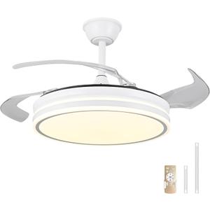 Retractable Ceiling Fan with Lights, 42 Inch Ceiling Fans with Light and Remote Control for Bedroom Living Room Dining Room Kitchen Modern Ceiling Fan with LED Lights (White)