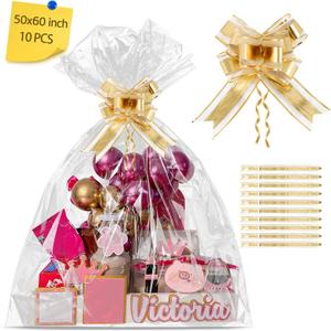 Extra Large Cellophane Bags for Gift Baskets 50x60 Inches, With 10 Gold Ribbons Jumbo Big Clear Basket Bags Cellophane Wrapping OPP Plastic Cellophane Wrap 10 Pieces
