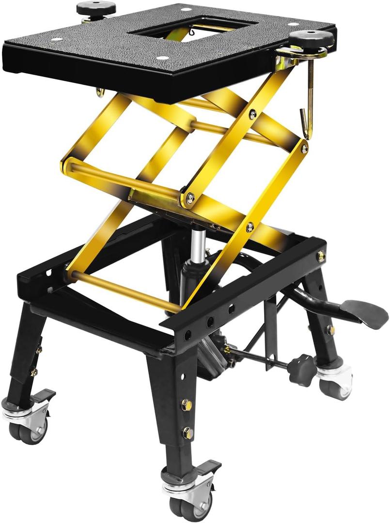 Jack Boss 350 Lbs Motorcycle Lift Jack Table, Hydraulic Foot-Operated Scissor Lift Jack for Bike, Motorcycle Stand with 4 Wheels Black