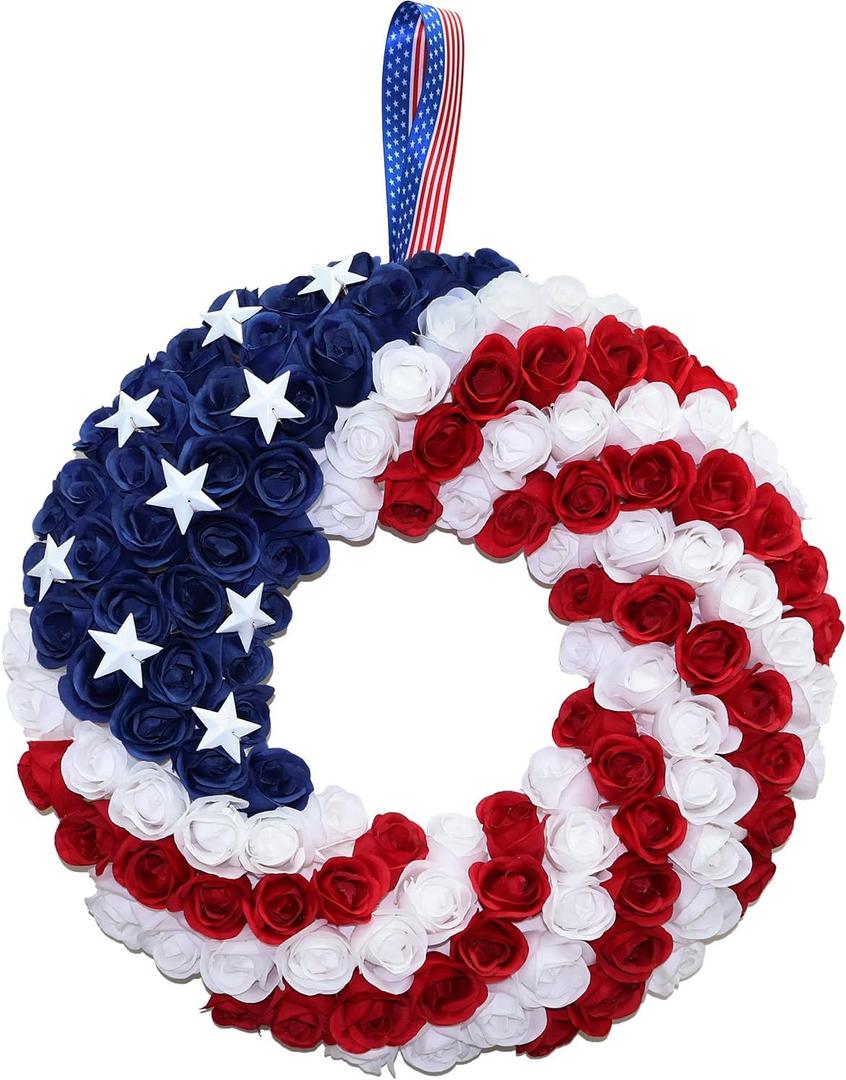 Silk Roses 4th of July Wreath - Red White Blue Patriotic Wreaths for Front Door, Memorial & Independence Day Decorations, Americana Decor for Porch Door Wall Window Indoor Outdoor 