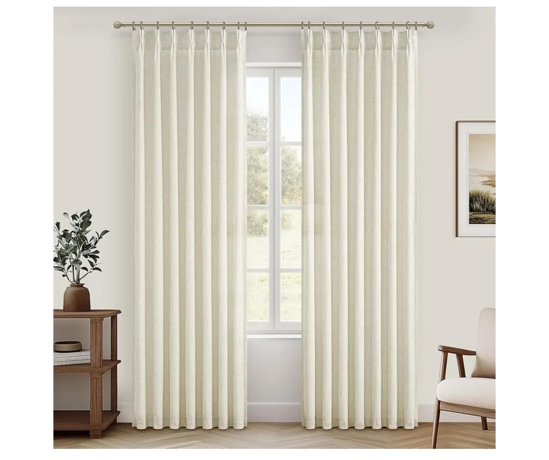 Cream Beige Linen Sheer Curtains 90 Inches Long for Dining Room 2 Panels Set, Pinch Pleated Light Filtering Nursery Curtain with Back Tab Ceiling Track Thick Privacy Drapes for 40 x 90 Inch Windows