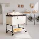 StorageWorks Laundry Cart, 2 Tier Rolling Laundry Basket, Heavy Duty Laundry Basket with Lockable Wheels, Laundry Room Organization and Storage, Clothes Hamper for Bedroom, Dorm, Closet, 46Gal, Beige