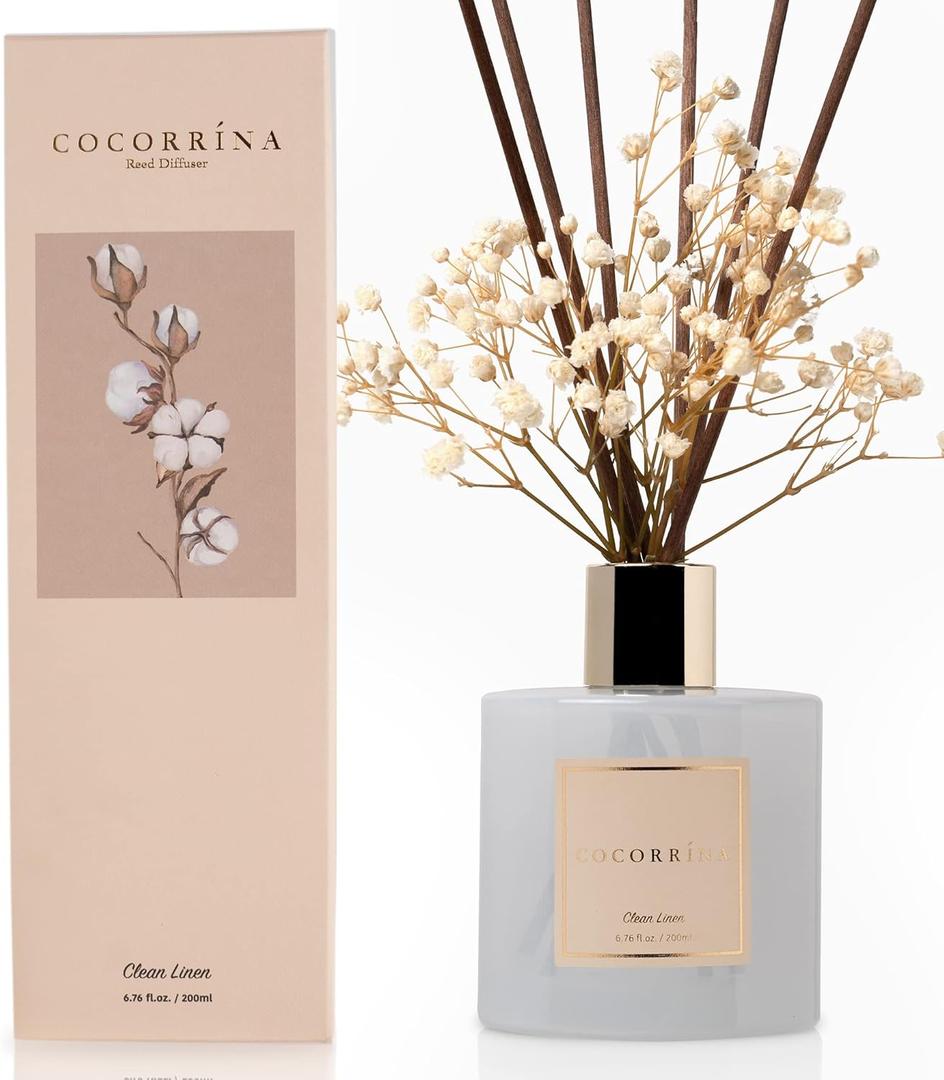 Cocorrna Reed Diffuser Set, 6.7 oz Clean Linen Scented Diffuser with Sticks Home Fragrance Reed Diffuser for Bathroom Shelf Decor (Flower/6.7 Ounce/1pack)