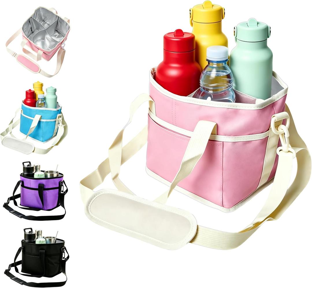 Drink Carrier Bag, Water Bottle Holder with Strap | Insulated 4-Compartment Drink Holder Bag for Car, Delivery & Outings, Adjustable & Foldable Water Bottle Carrier Tote, Pink