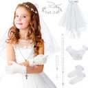SWEETV 6 Pcs First Communion Veil Set for Girls 1st Communion Bow Veil Headpiece Accessories Set White Lace Veil Flower Crown