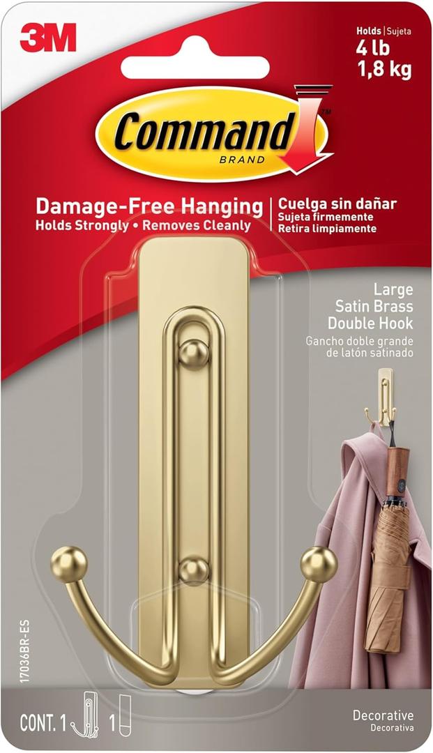 Command Large Satin Brass Double Hook, 1 Hooks and 1 Command Strip, Damage Free Hanging Wall Hooks with Adhesive Strips, No Tools Coat Hooks for Hanging Home Decor, Holds up to 4 lb