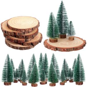 AceOrbit 24pcs Bottle Brush Trees in 3 Size 18 Woodland Table Decor with 6 Unfinished Round Wood Slices Wedding Centerpiece for Farmhouse DIY Crafts